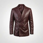 Men’s Burgundy Leather Double-Breasted Blazer