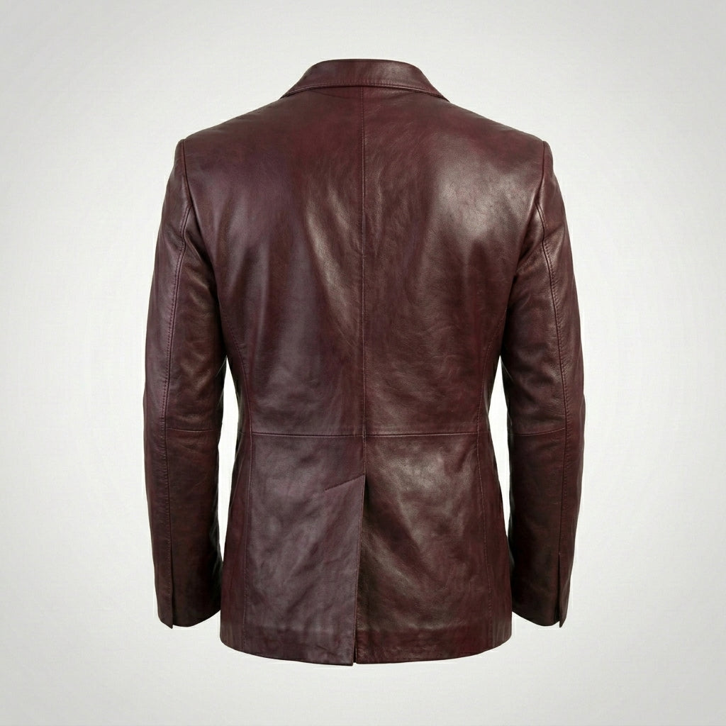 Men’s Burgundy Leather Double-Breasted Blazer