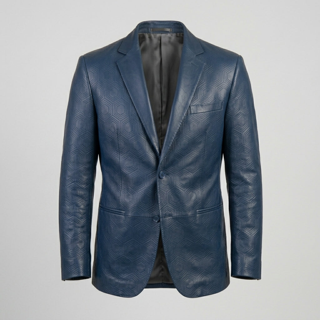 Men’s Archie Blue Leather Blazer Coat – Slim Fit Designer Style