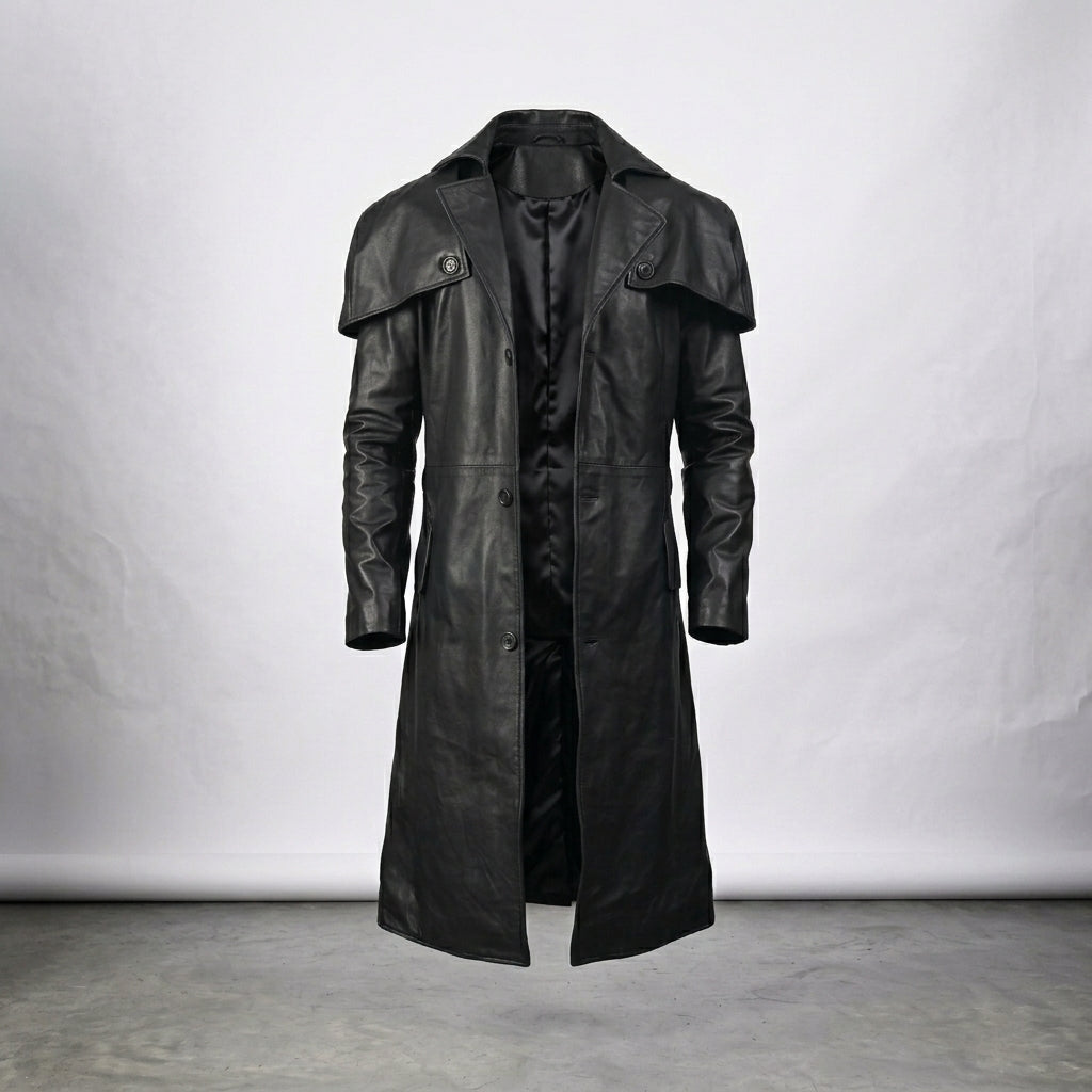 Men’s Black Leather Trench Coat – Classic Longline Premium Style