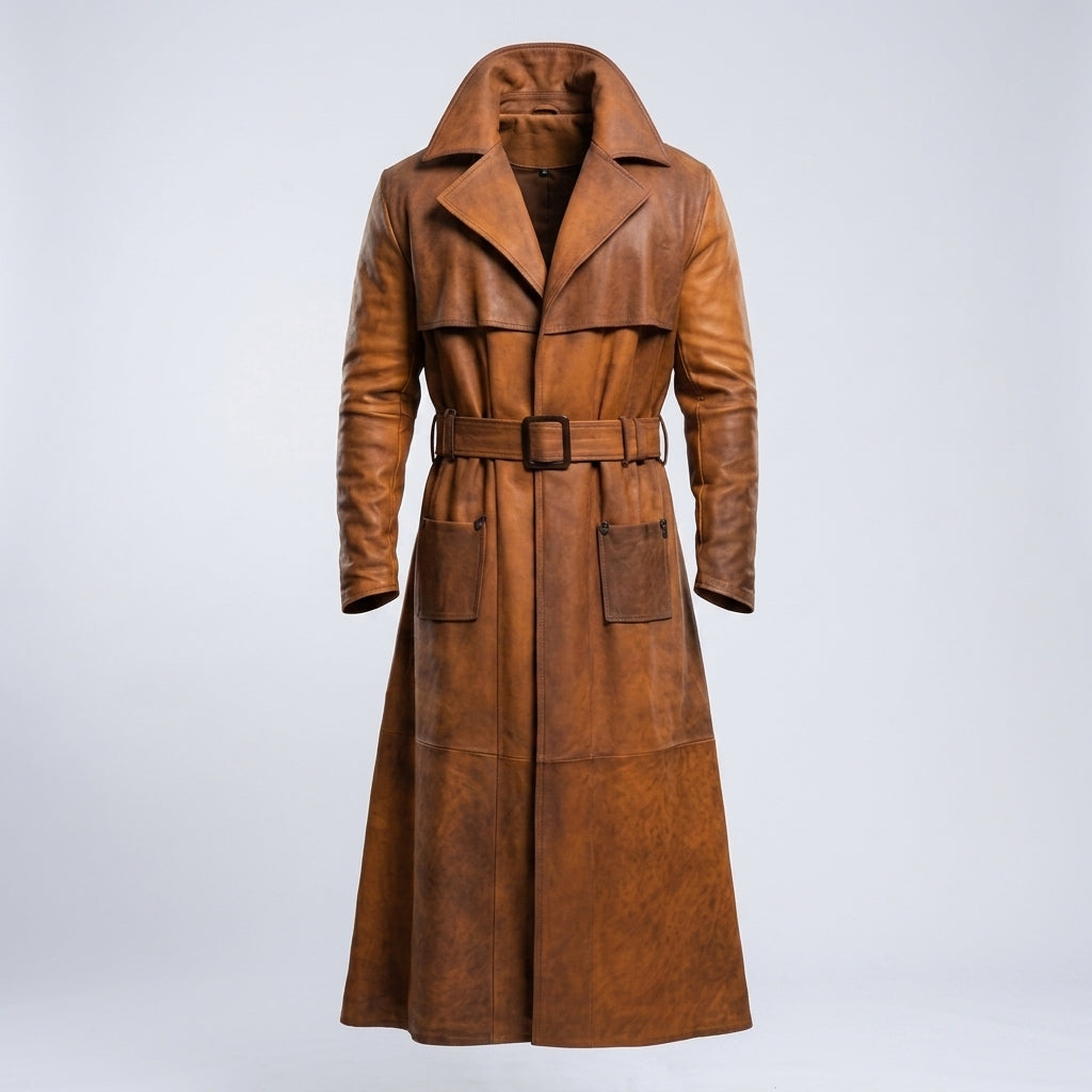 Men’s Distressed Sheepskin Duster Coat – Vintage Longline Leather Style
