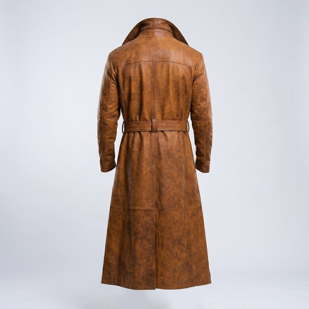 Men’s Distressed Sheepskin Duster Coat – Vintage Longline Leather Style