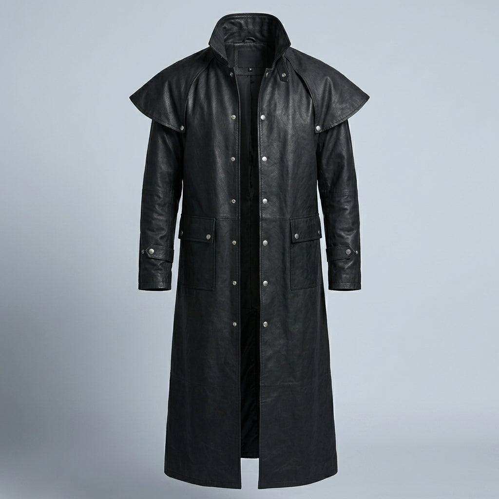 Men’s Black Leather Trench Coat with Hood – Slim Fit Urban Style