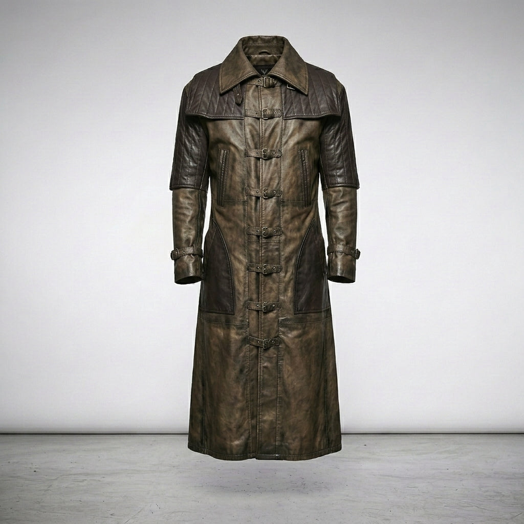 Men’s Punk Rave Steampunk Gothic Brown Leather Long Coat –