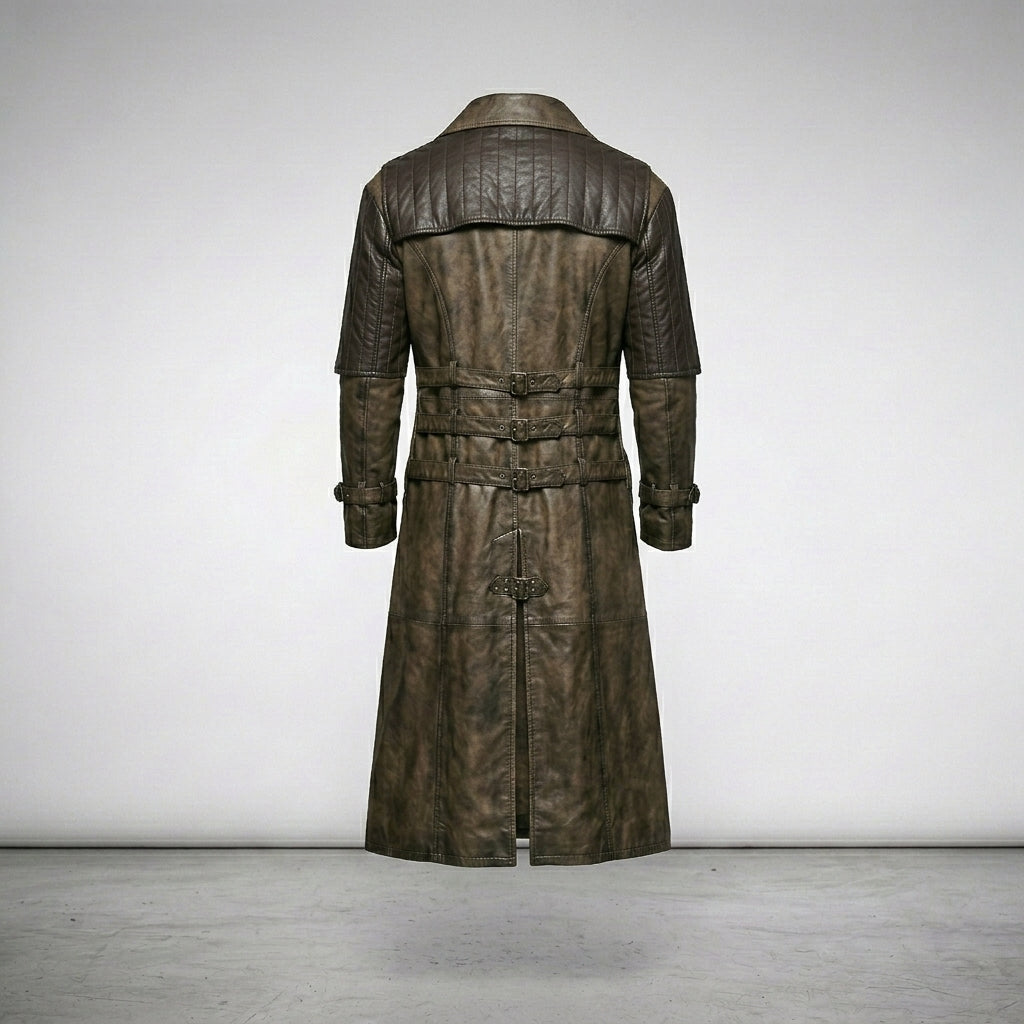 Men’s Punk Rave Steampunk Gothic Brown Leather Long Coat –
