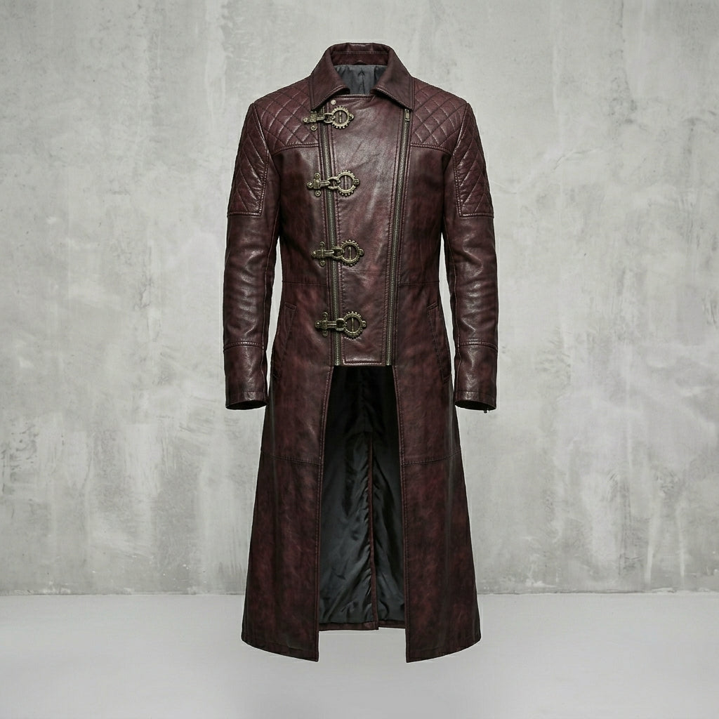 Men’s Maroon Gothic Leather Trench Coat – Quilted Shoulder Steampunk Style