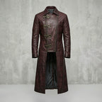 Men’s Maroon Gothic Leather Trench Coat – Quilted Shoulder Steampunk Style