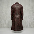 Men’s Maroon Gothic Leather Trench Coat – Quilted Shoulder Steampunk Style