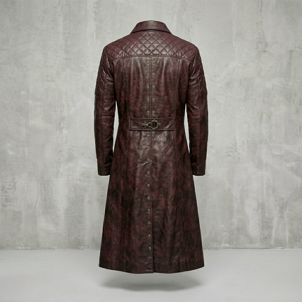Men’s Maroon Gothic Leather Trench Coat – Quilted Shoulder Steampunk Style