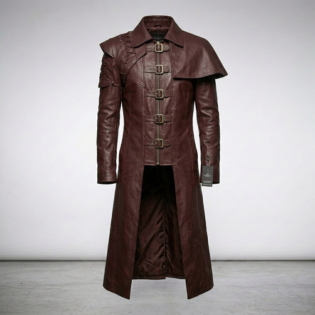 Men’s Devil Fashion Burgundy Gothic Faux Leather Trench Coat
