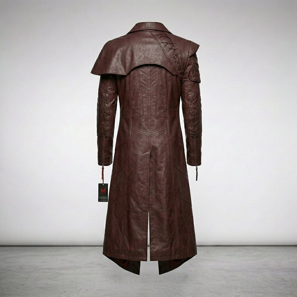 Men’s Devil Fashion Burgundy Gothic Faux Leather Trench Coat