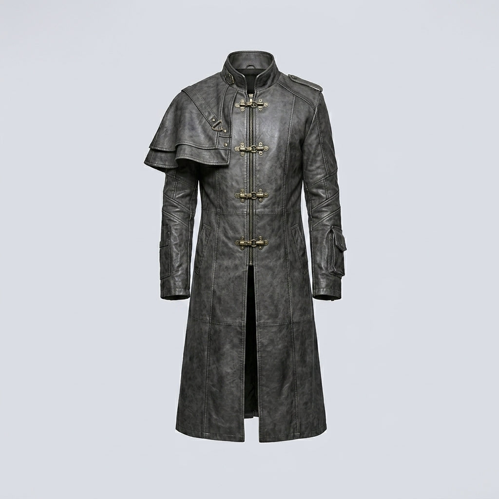 Men’s Devil Fashion Black Gothic Leather Trench Coat – Steampunk Long Coat Style