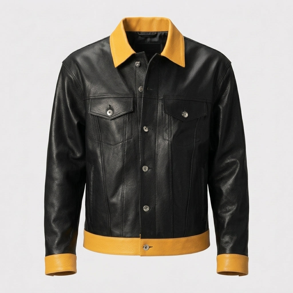 Men’s Black Leather Trucker Jacket