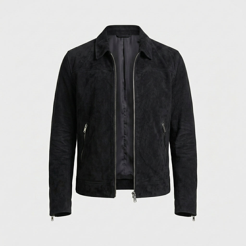Men’s Black Suede Leather Trucker Jacket