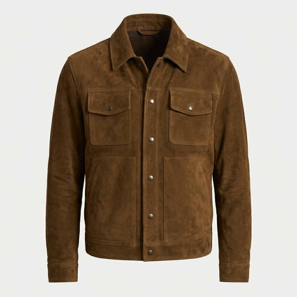 Men’s Dark Brown Suede Leather Trucker Jacket