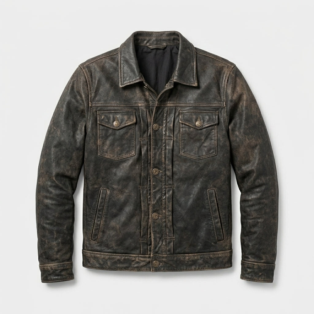 Men’s Distressed Leather Trucker Jacket
