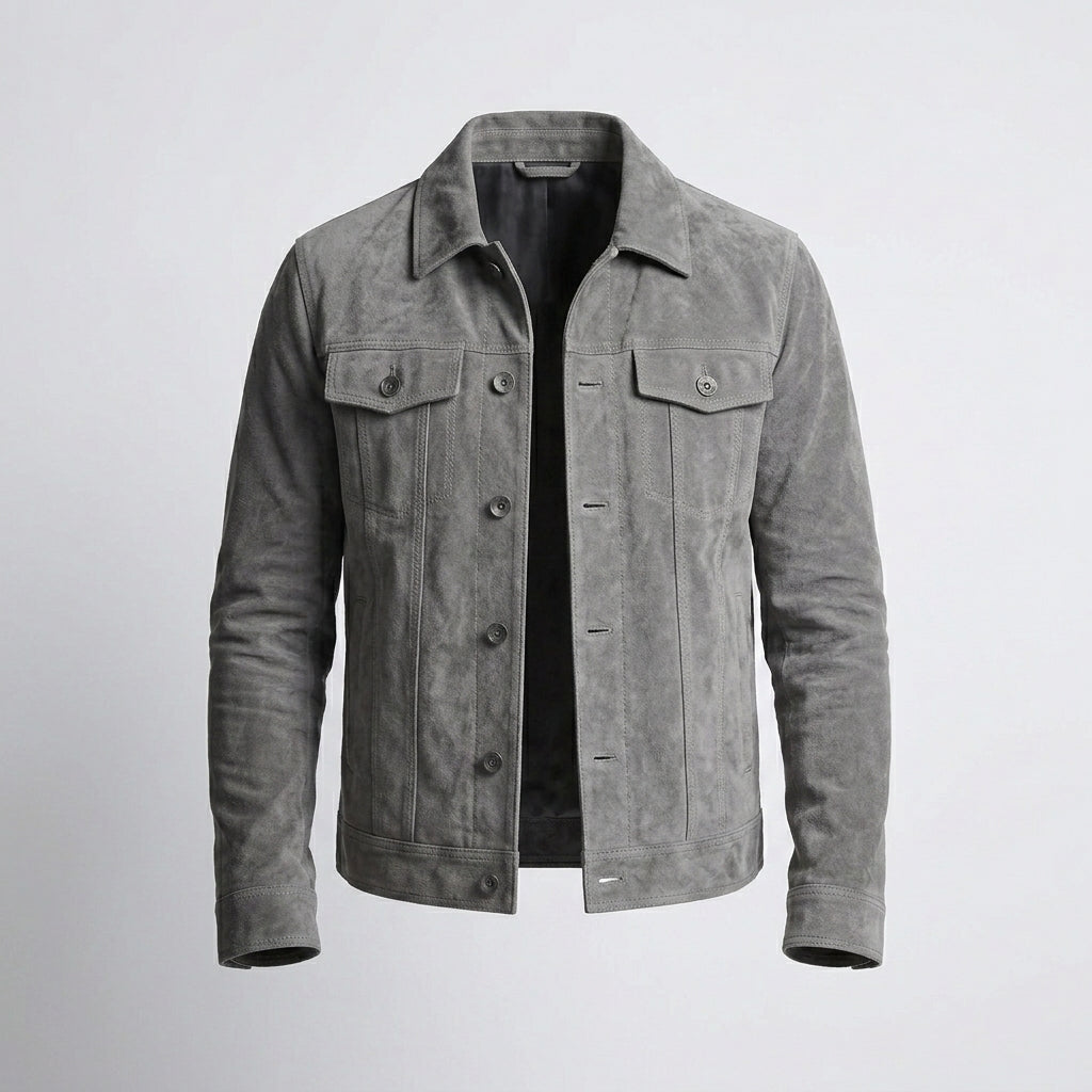 Men’s Gray Suede Leather Trucker Jacket