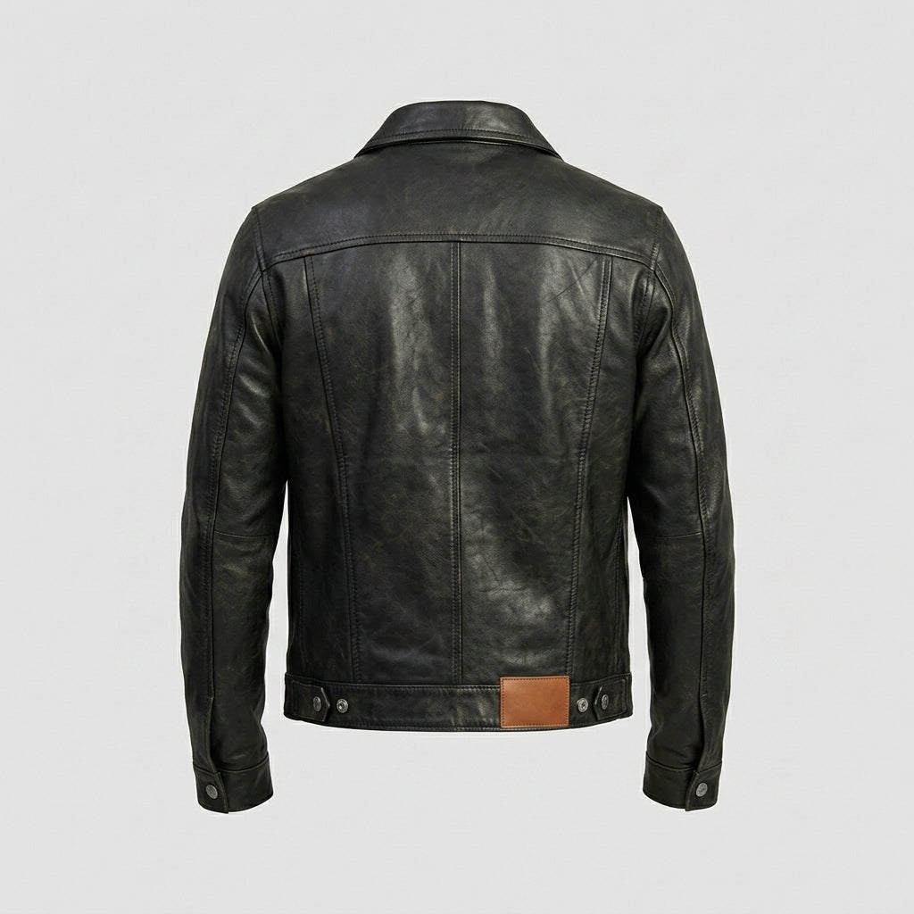 Men’s Vintage Black Sheepskin Leather Trucker Jacket