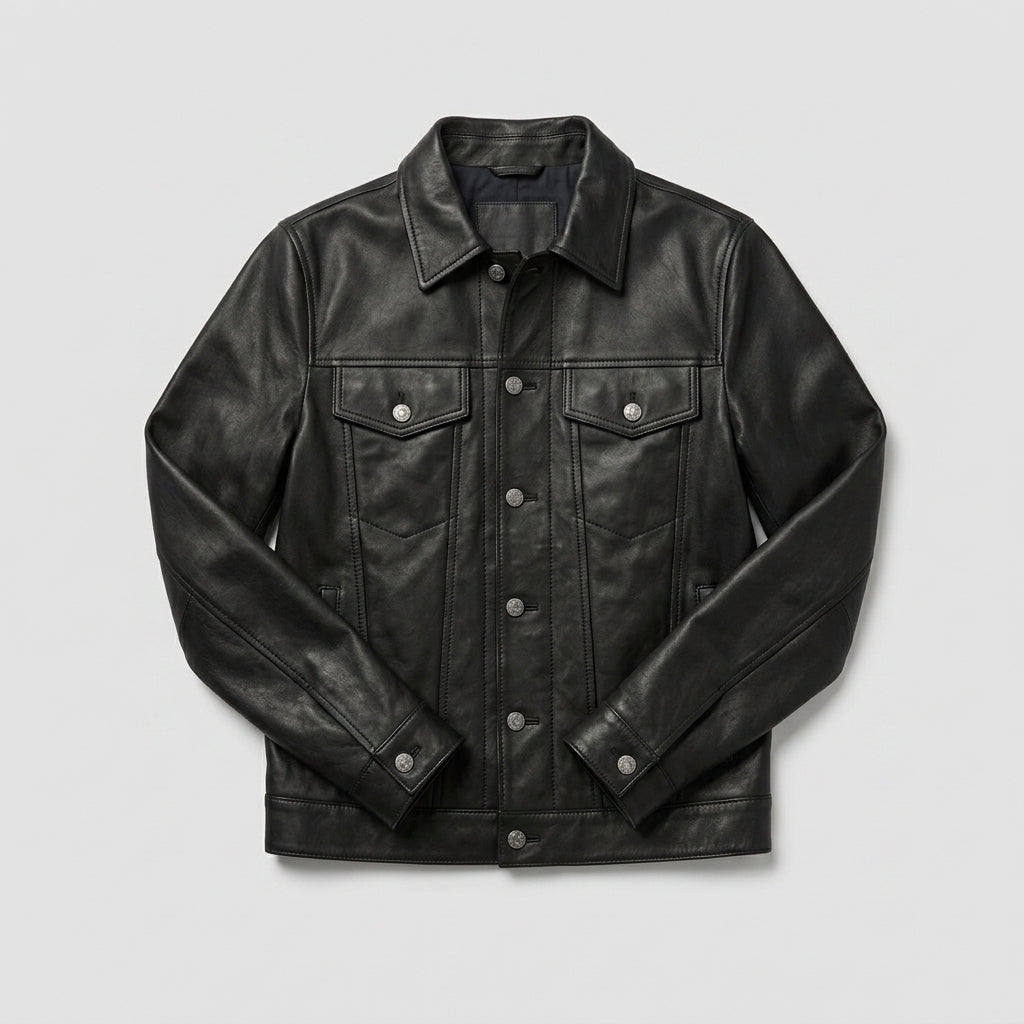 Men’s Vintage Black Sheepskin Leather Trucker Jacket