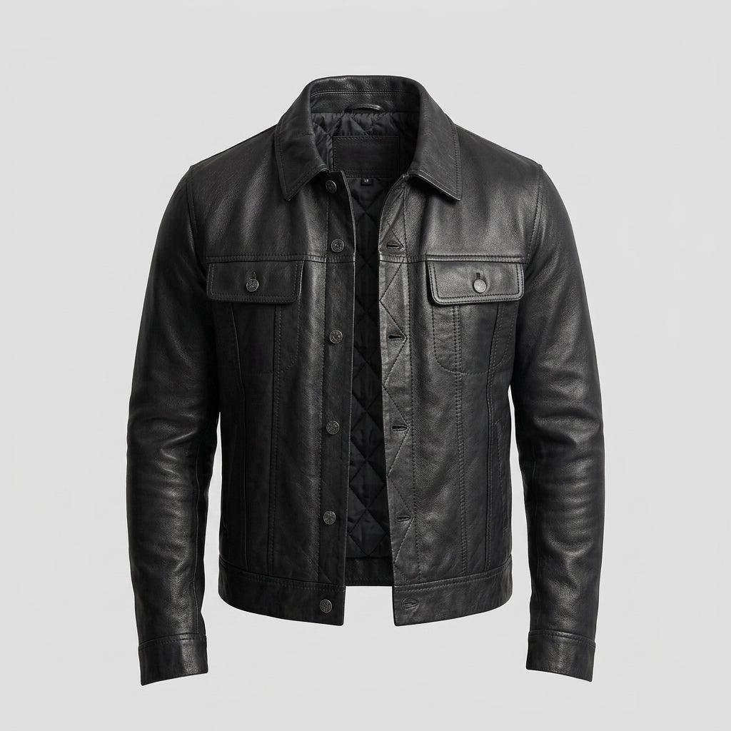 Men’s Black Trucker Western Leather Shirt Jacket