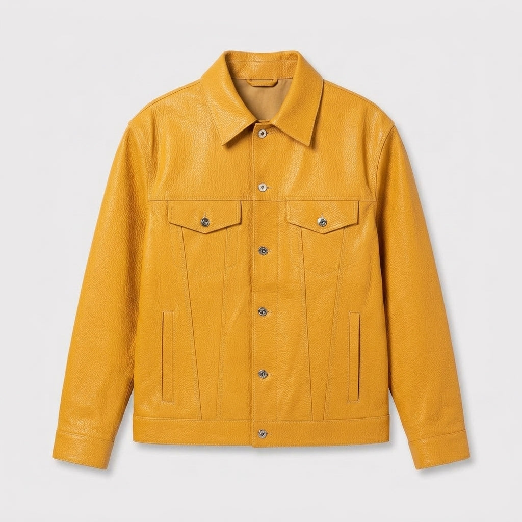 Men’s Yellow Leather Trucker Jacke