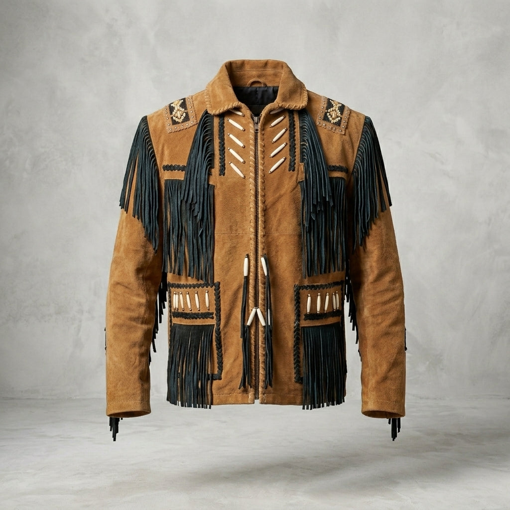 Men’s Cowboy Western Fringed Leather Jacket – Vintage Brown Rancher Style