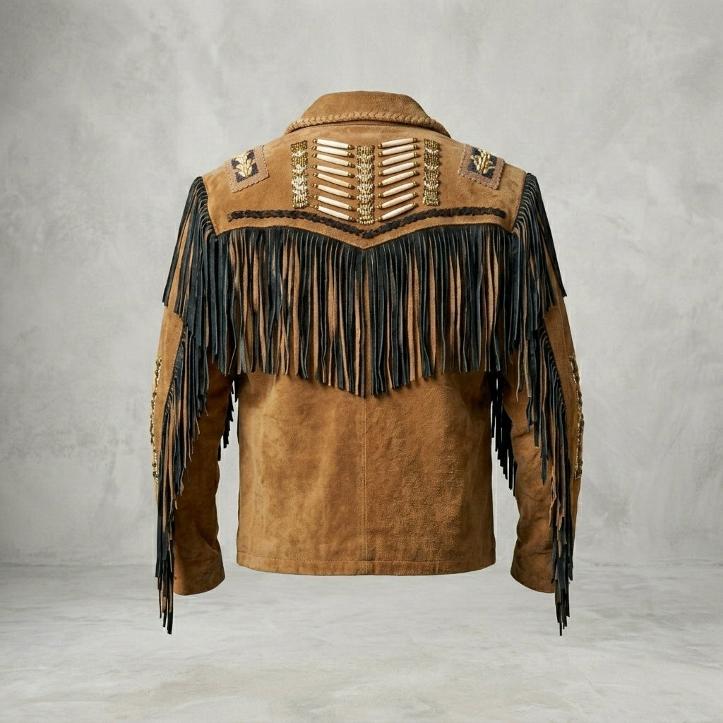 Men’s Cowboy Western Fringed Leather Jacket – Vintage Brown Rancher Style