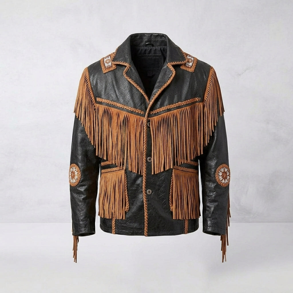 Men’s Cowboy Cowhide Leather Jacket with Fringe and Beads