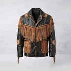 Men’s Cowboy Cowhide Leather Jacket with Fringe and Beads