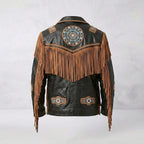 Men’s Cowboy Cowhide Leather Jacket with Fringe and Beads