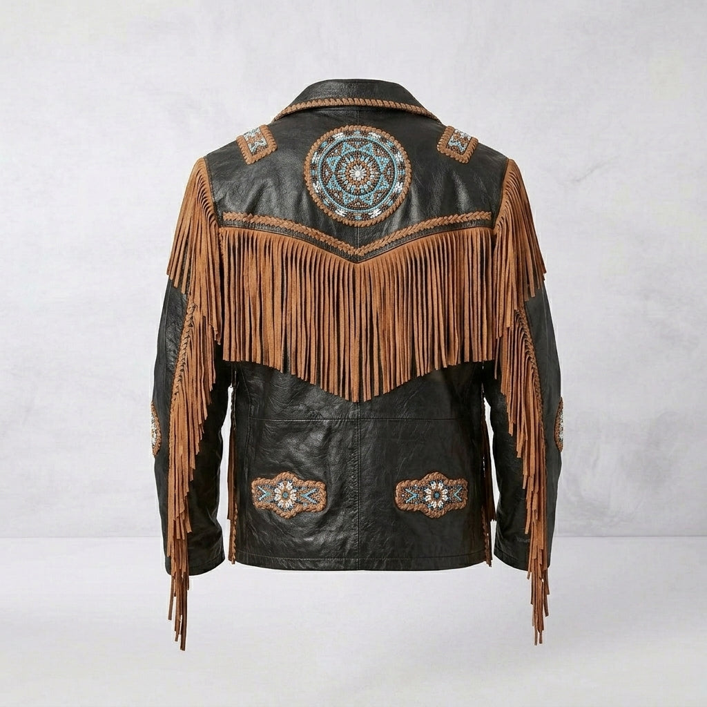 Men’s Cowboy Cowhide Leather Jacket with Fringe and Beads