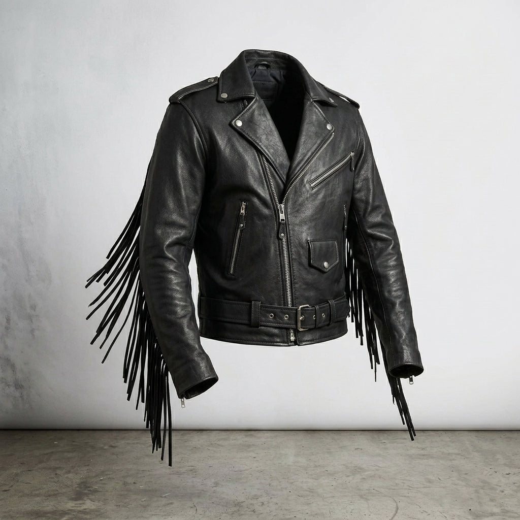 Men’s Fringe Hide Leather Motorcycle Jacket – Vintage Biker Western Style