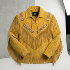 Unisex Yellow Suede Fringe & Beads Jacket – Vintage Cowboy Western Coat