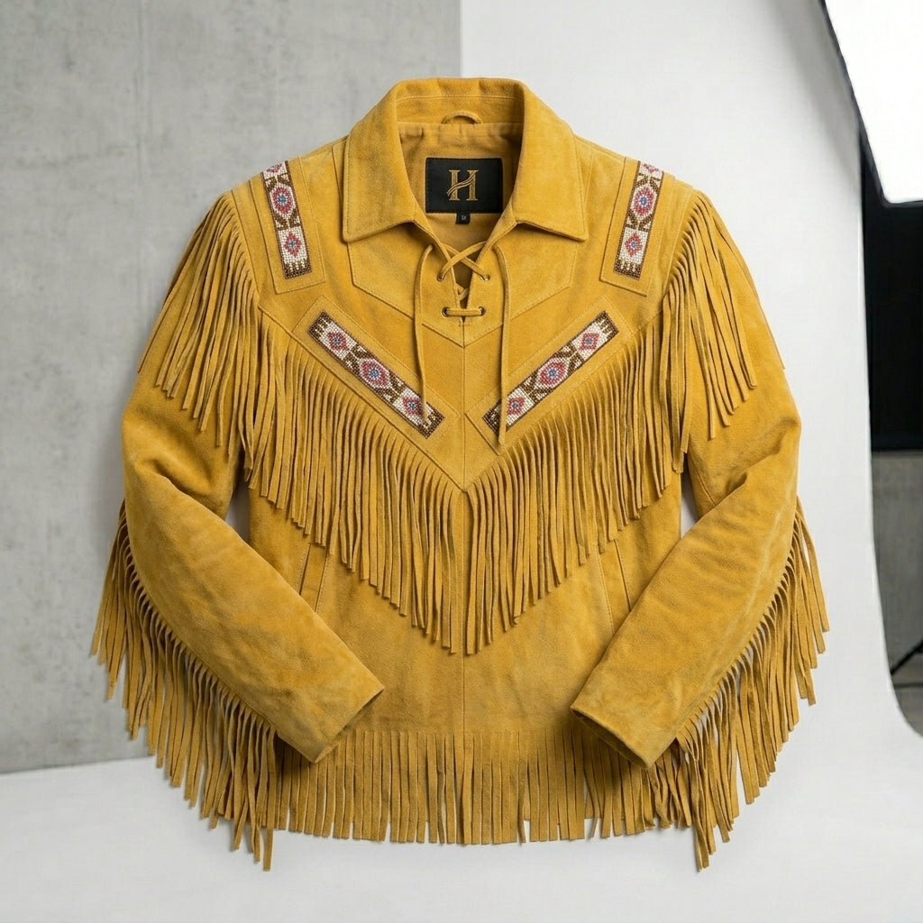 Unisex Yellow Suede Fringe & Beads Jacket – Vintage Cowboy Western Coat