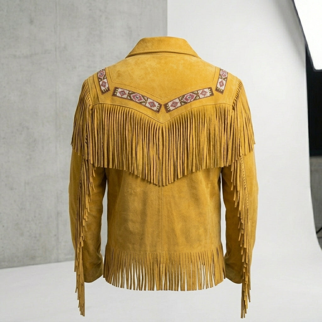Unisex Yellow Suede Fringe & Beads Jacket – Vintage Cowboy Western Coat