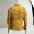 Unisex Yellow Suede Fringe & Beads Jacket – Vintage Cowboy Western Coat