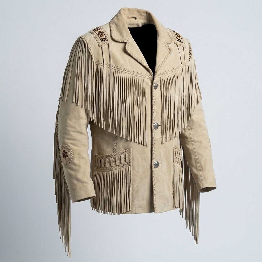 Men’s Western Cowboy White Suede Jacket – Vintage Rancher Style