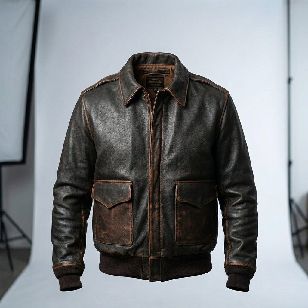 Men’s Brown A2 Military Aviator Pilot Leather Bomber Jacket – Classic Flight Style