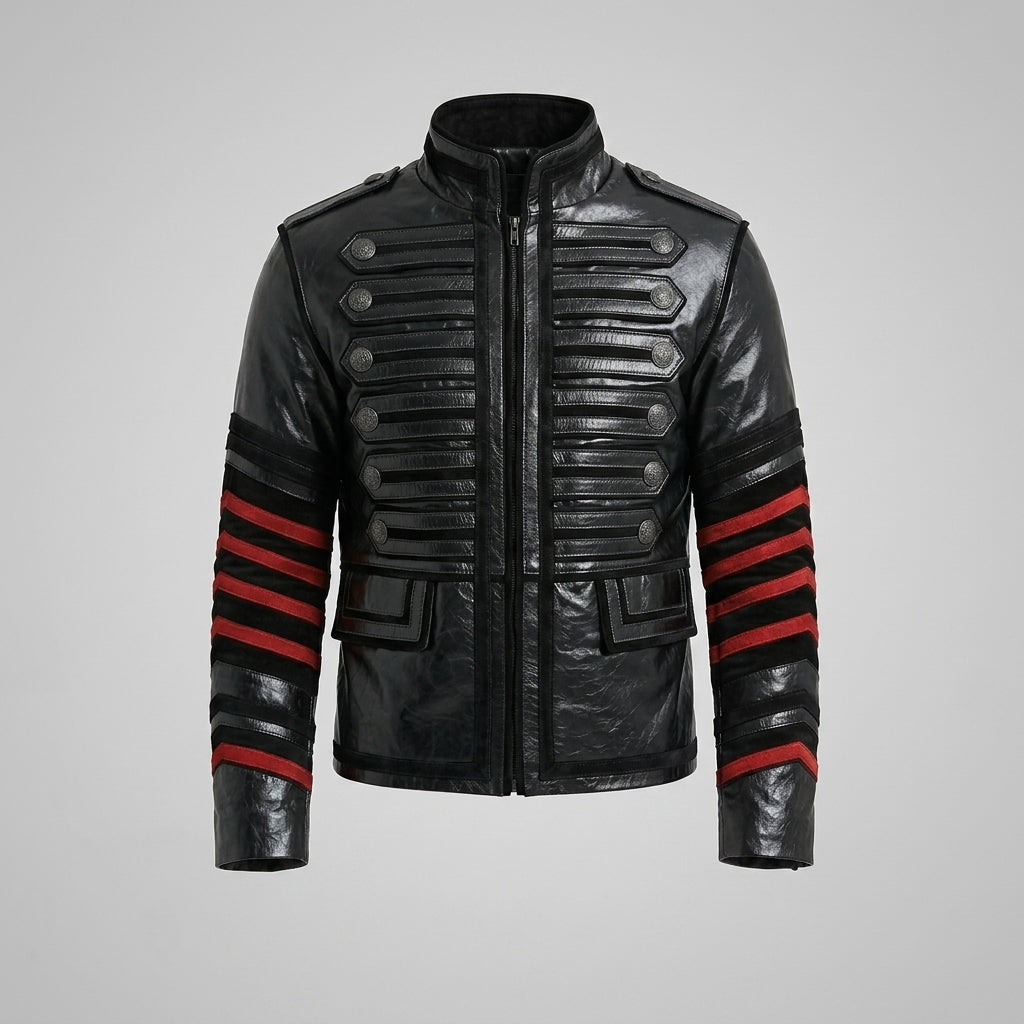 Men’s Gothic Military Style Leather Jacket – Dark Tactical Biker Coat
