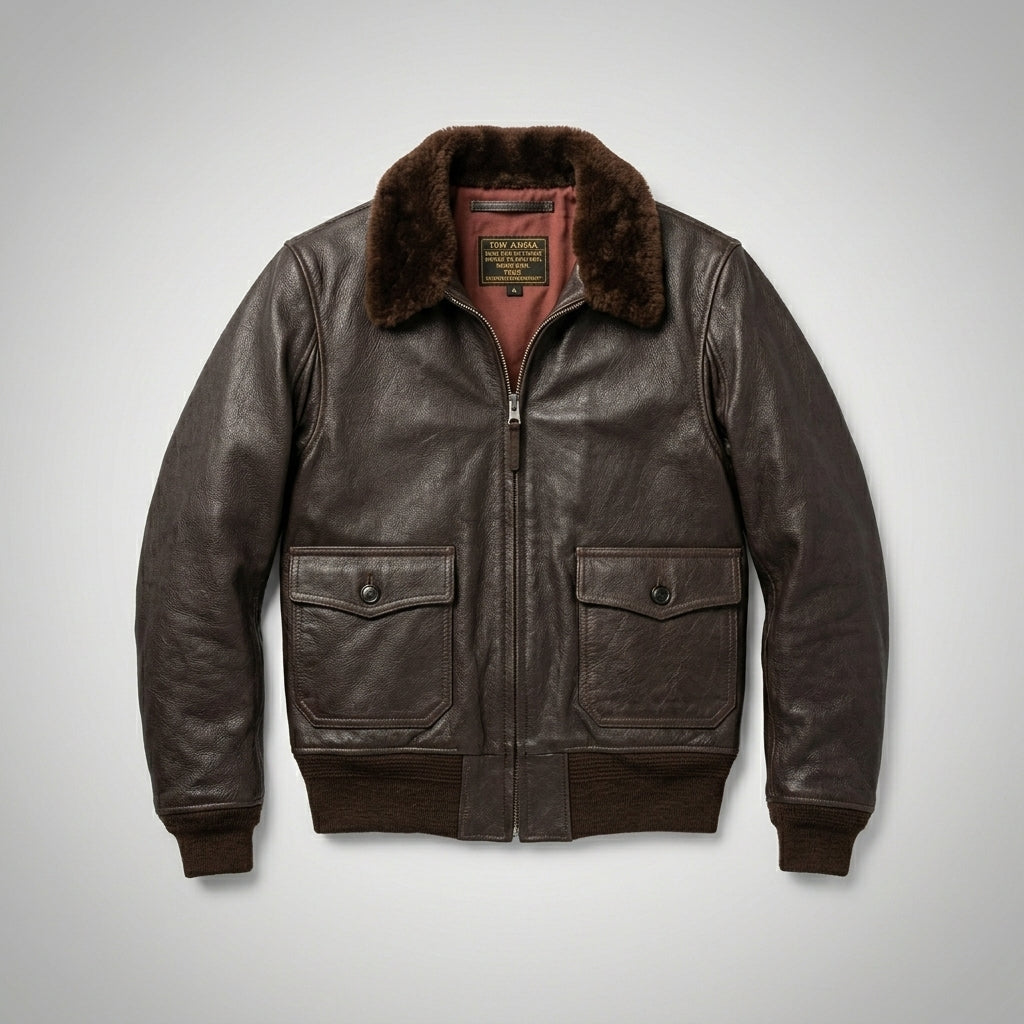 Men’s Vintage Warrior G-1 Military Bomber Jacket – Brown Fur Collar Aviator Style