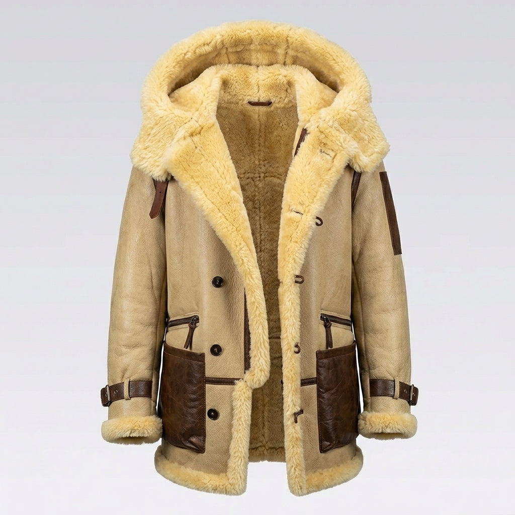 Men’s Ivory Yellow Hooded Shearling Sheepskin Jacket