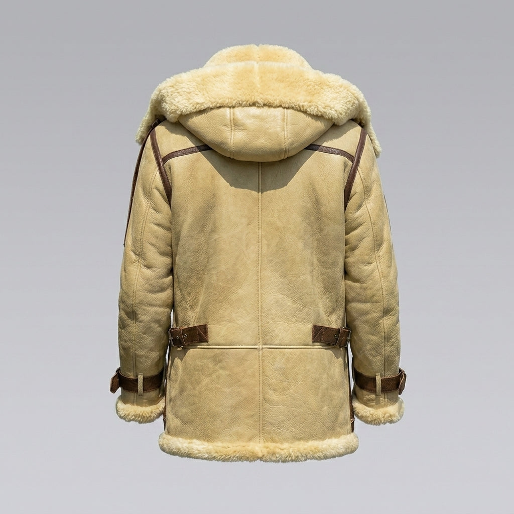 Men’s Ivory Yellow Hooded Shearling Sheepskin Jacket