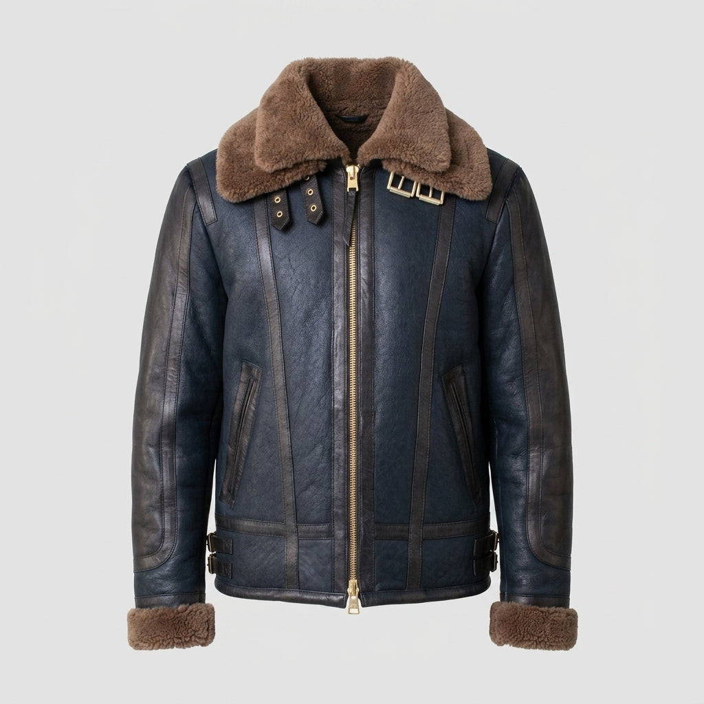 Men’s Blue Sheepskin Shearling Leather Jacket