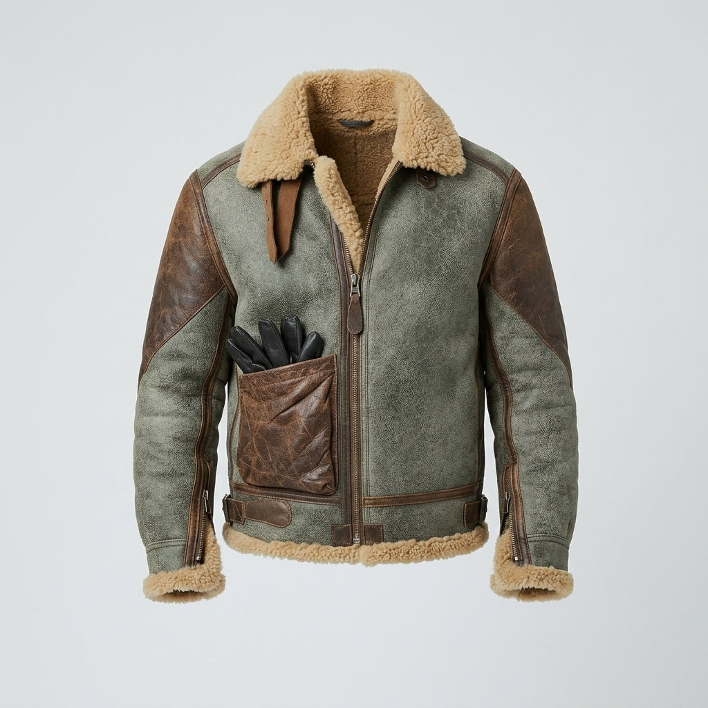 Men’s Genuine Leather Winter Jacket with Shearling Collar