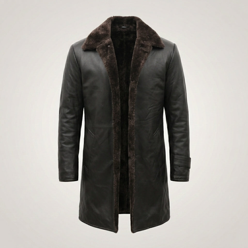 Men’s Black Leather Trench Coat with Shearling Lining