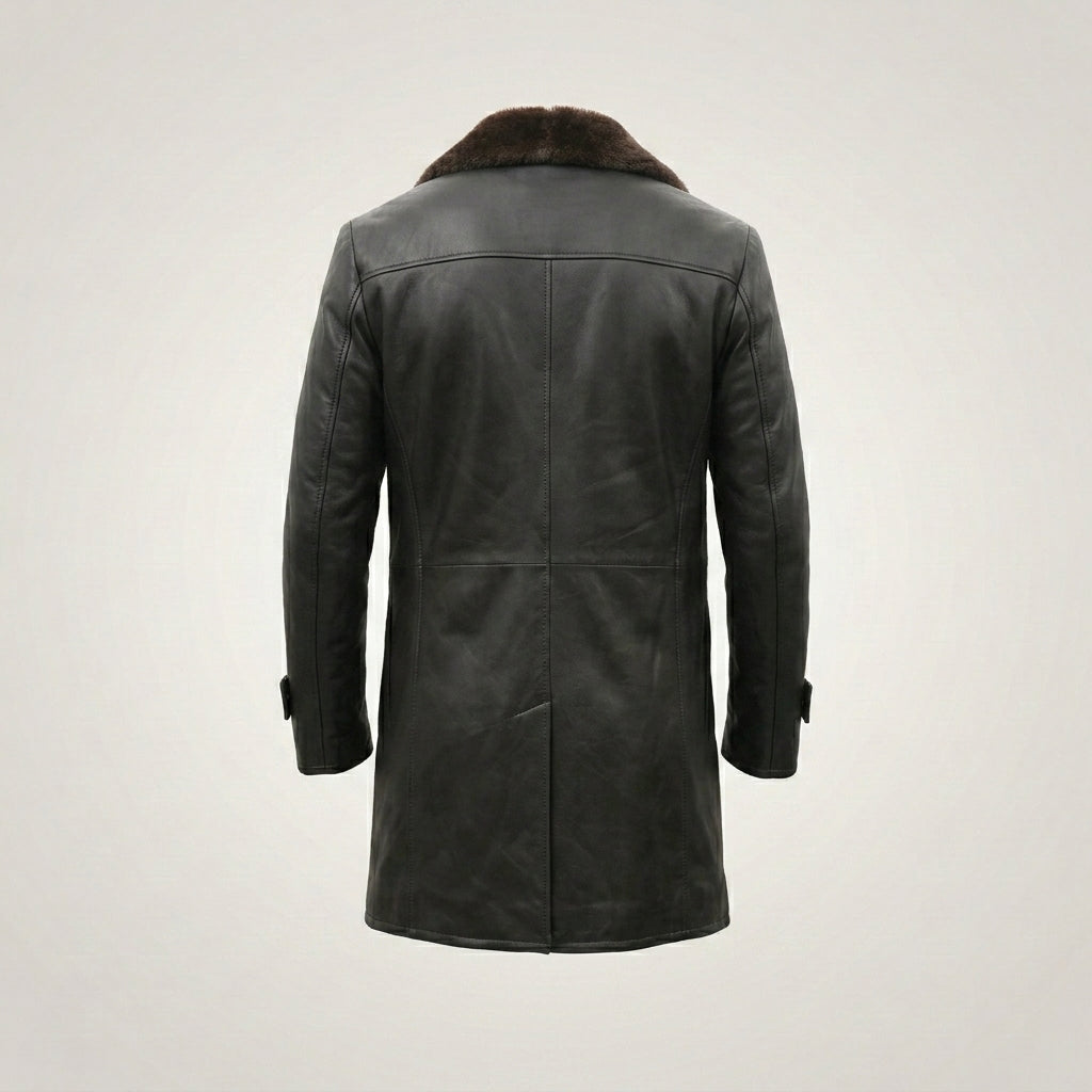 Men’s Black Leather Trench Coat with Shearling Lining