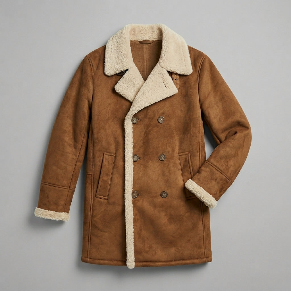 Men’s Tan Brown Suede Shearling Leather Coat