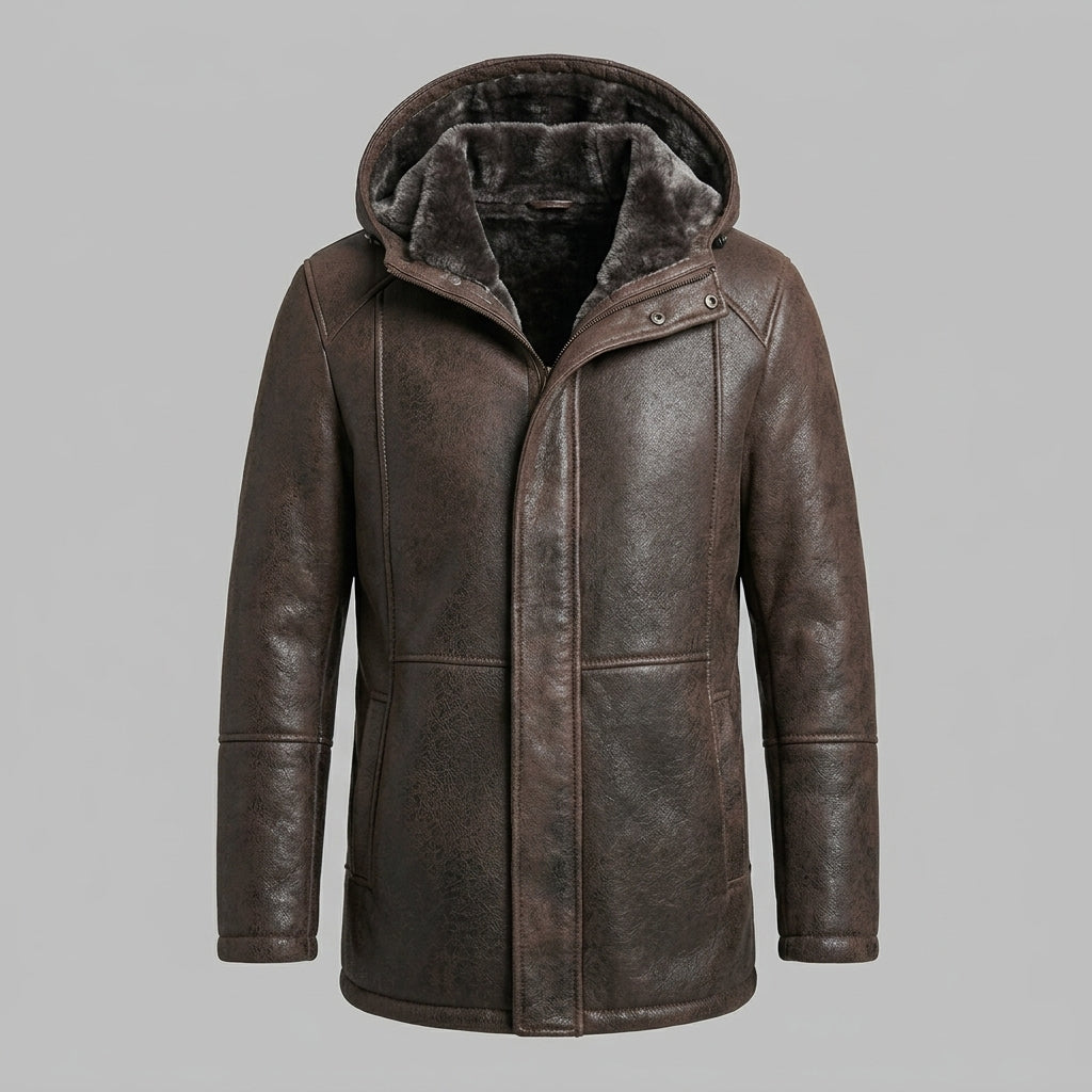 Men’s Dark Brown Hooded Shearling Coat