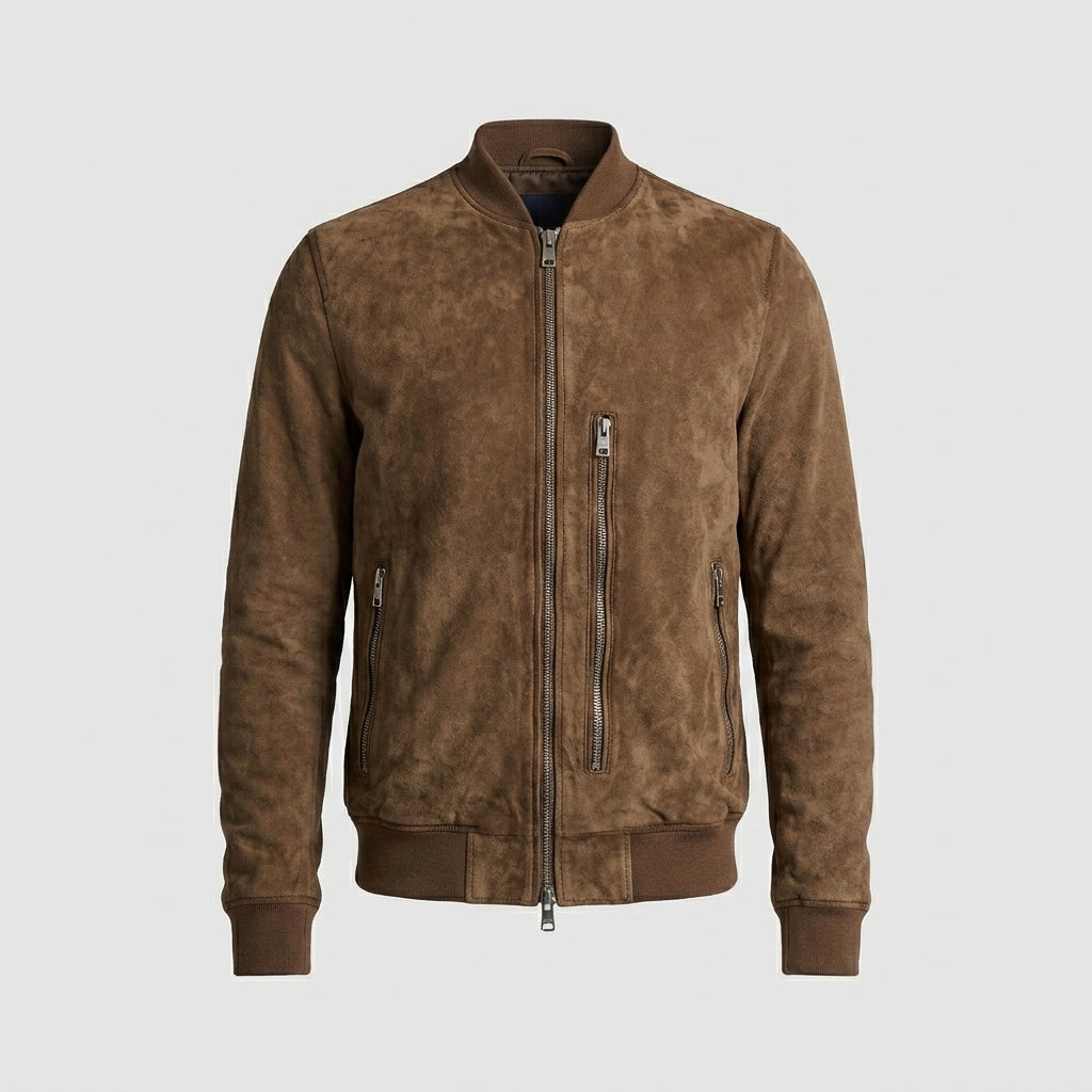Classic Brown Suede Men’s Leather Bomber Jacket – Timeless Aviator Style