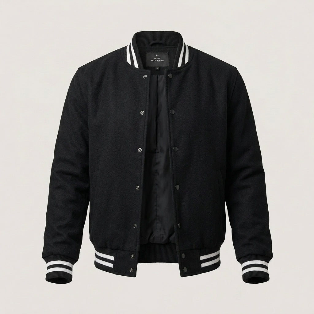 Men’s Black Fleece Varsity Jacket – Classic Letterman Bomber Style